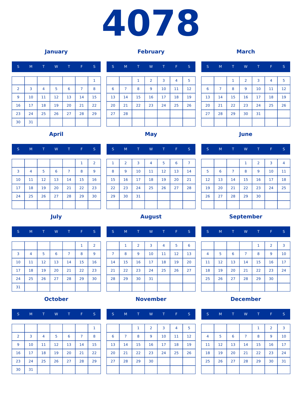 Printable 4078 Year Calendars smalt