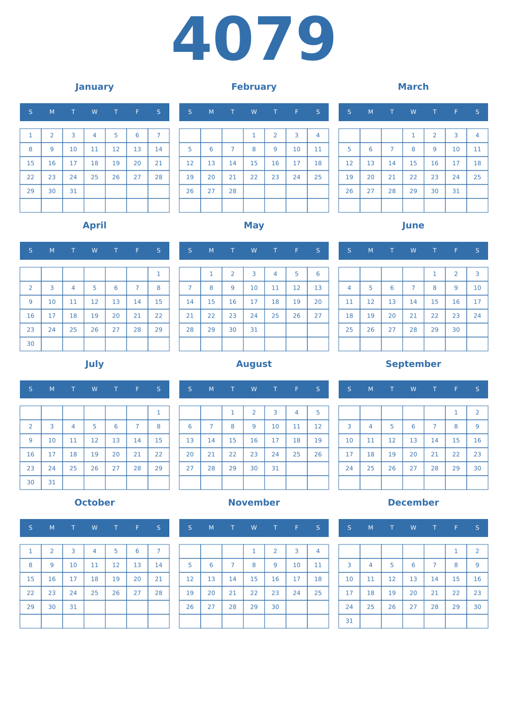 Printable 4079 Year Calendars blue