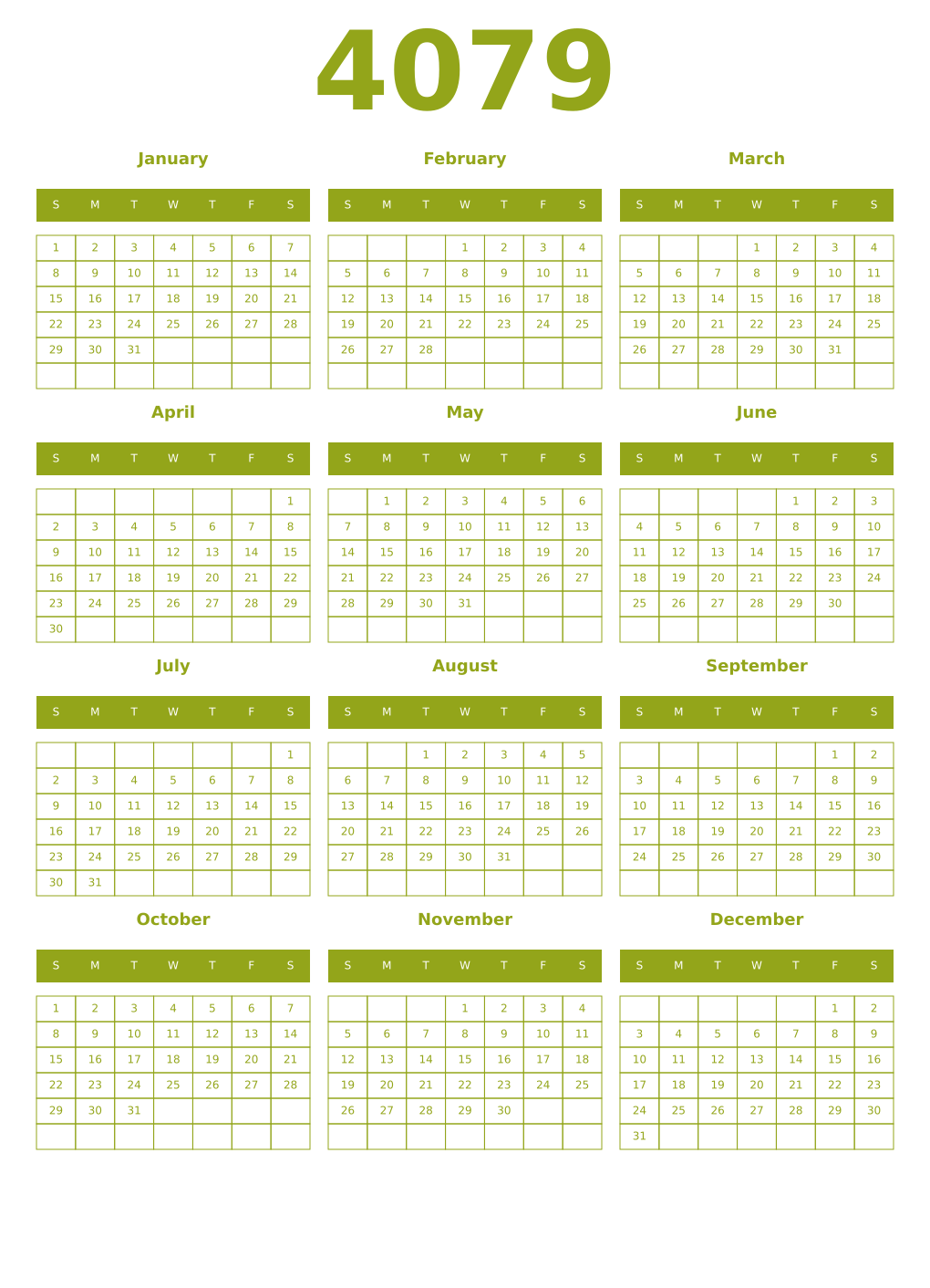 Printable 4079 Year Calendars chartreuse
