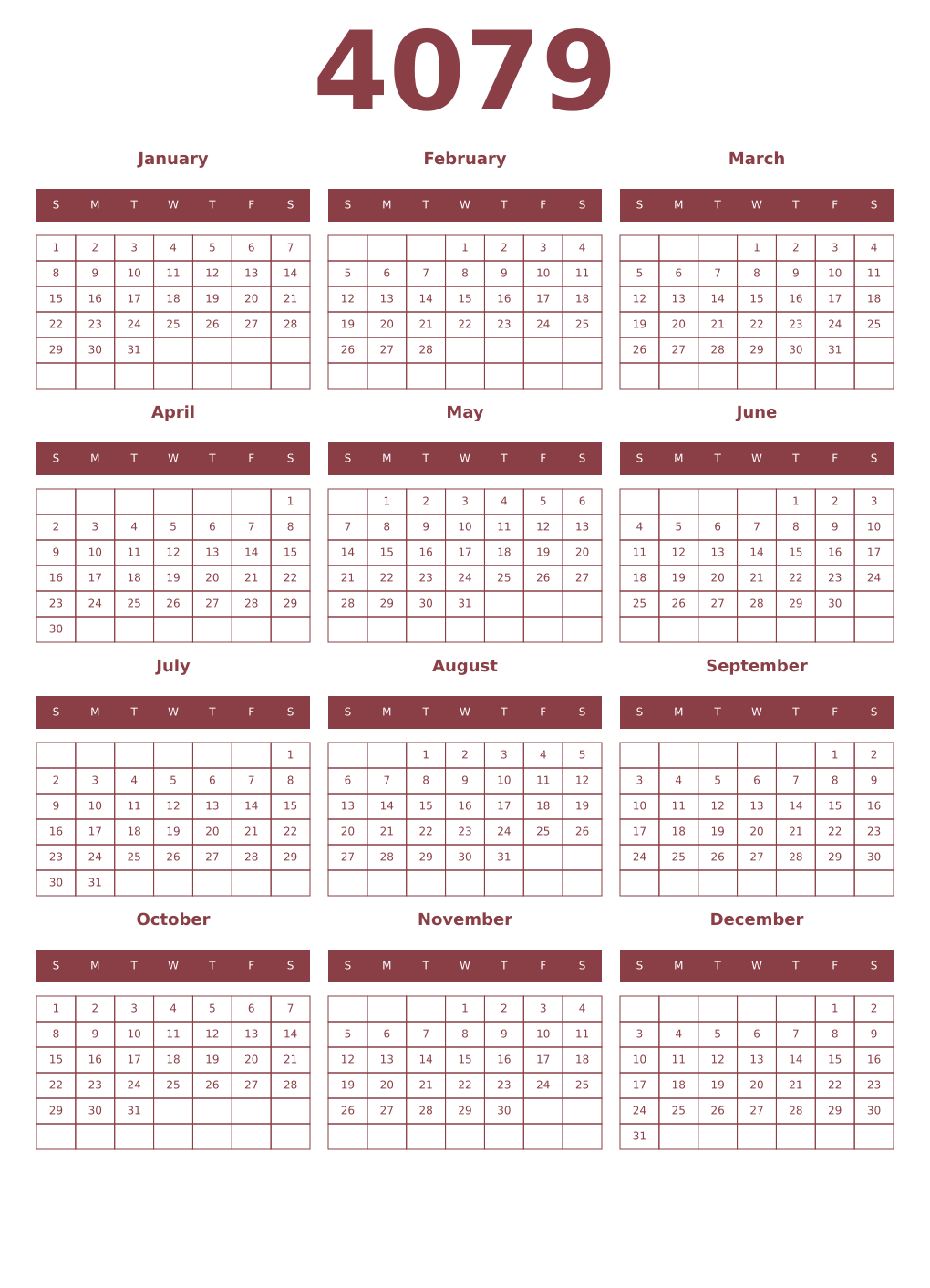 Printable 4079 Year Calendars cordovan