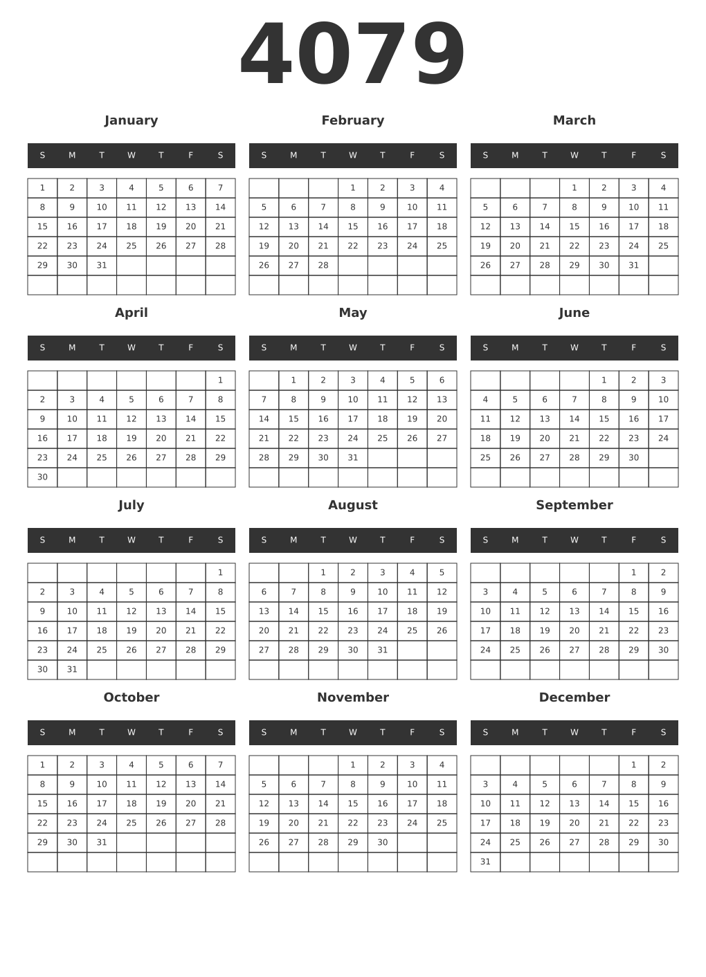 Printable 4079 Year Calendars dark
