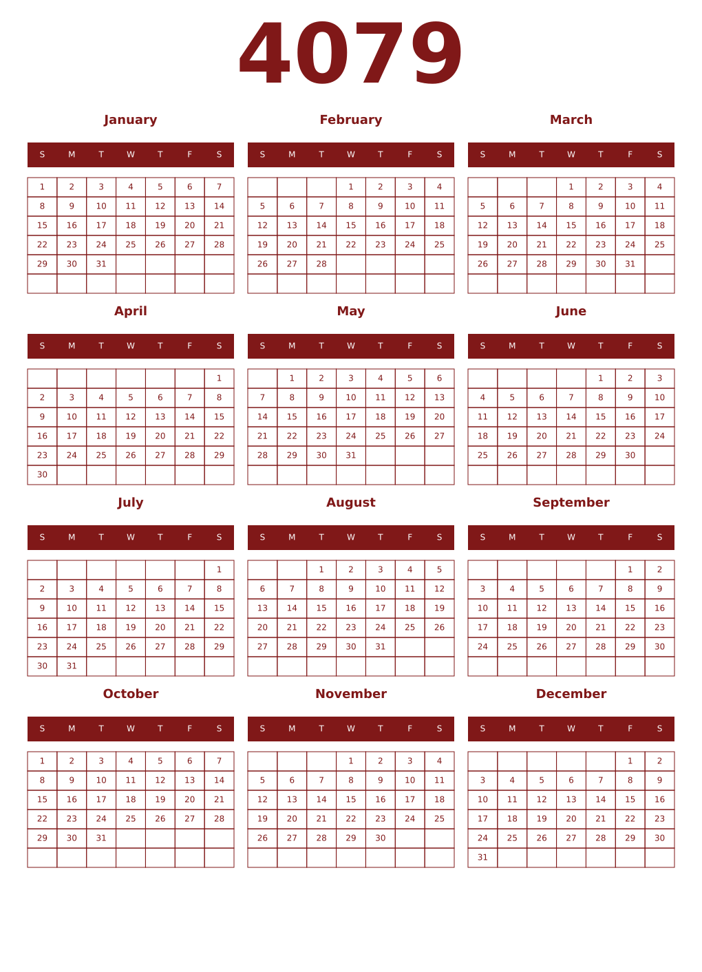 Printable 4079 Year Calendars falu