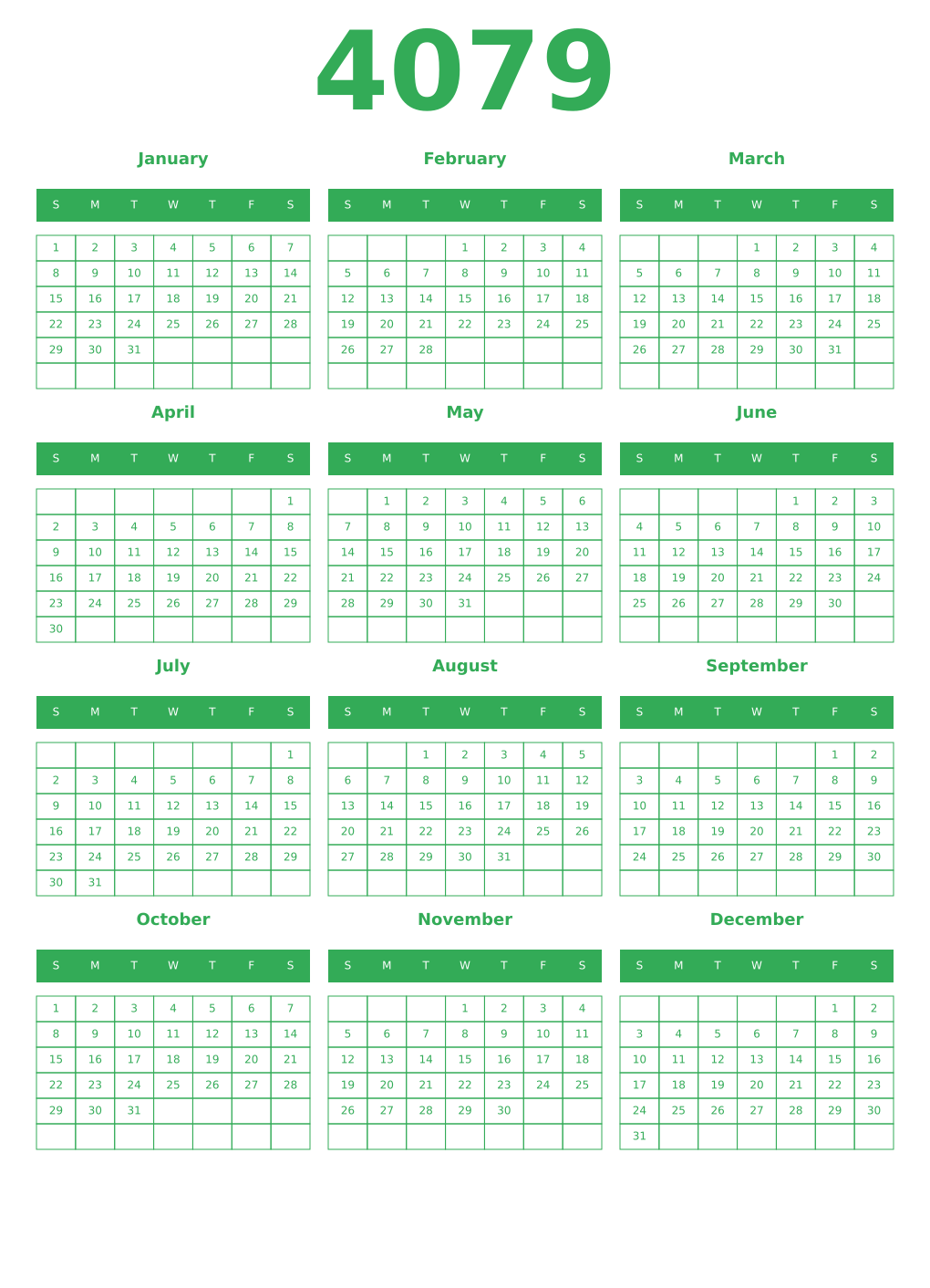 Printable 4079 Year Calendars green