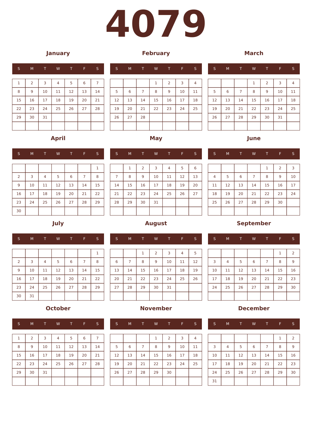 Printable 4079 Year Calendars mortuum