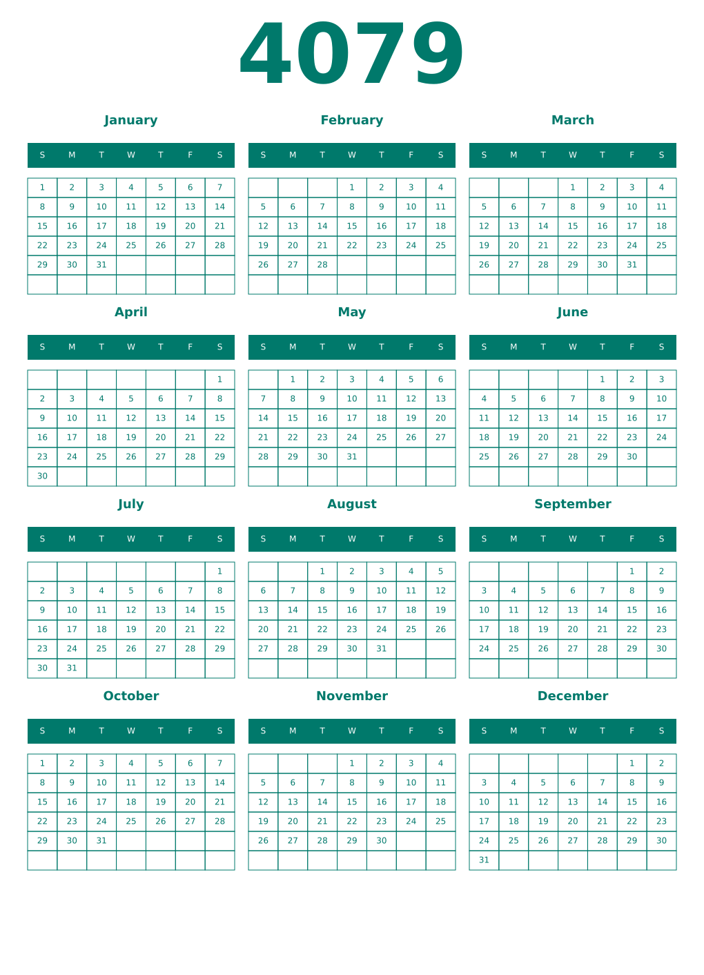 Printable 4079 Year Calendars pastel