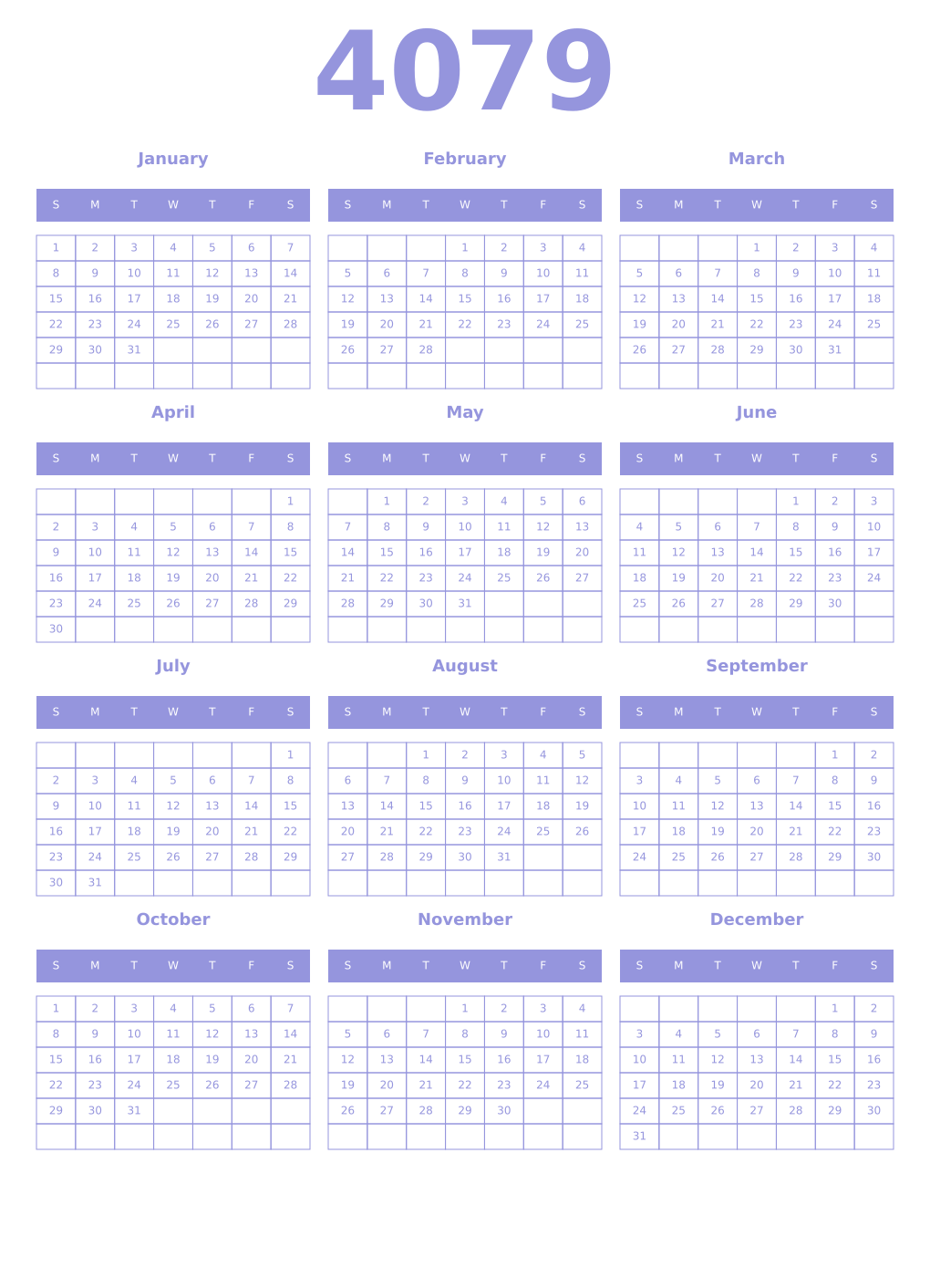 Printable 4079 Year Calendars periwinkle