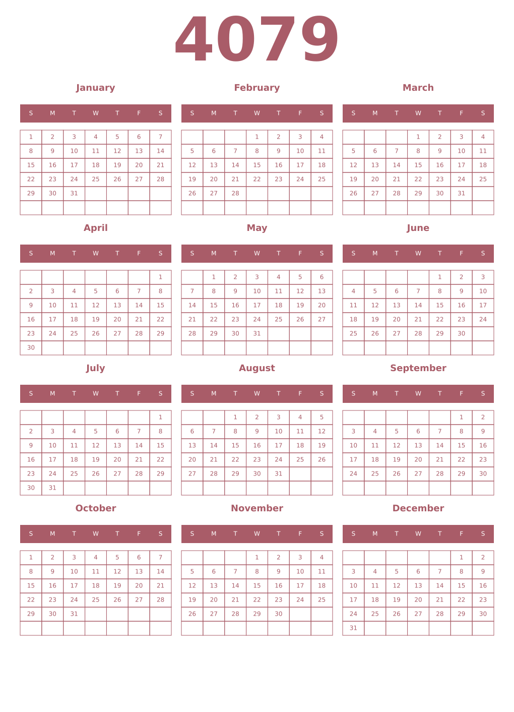 Printable 4079 Year Calendars puce