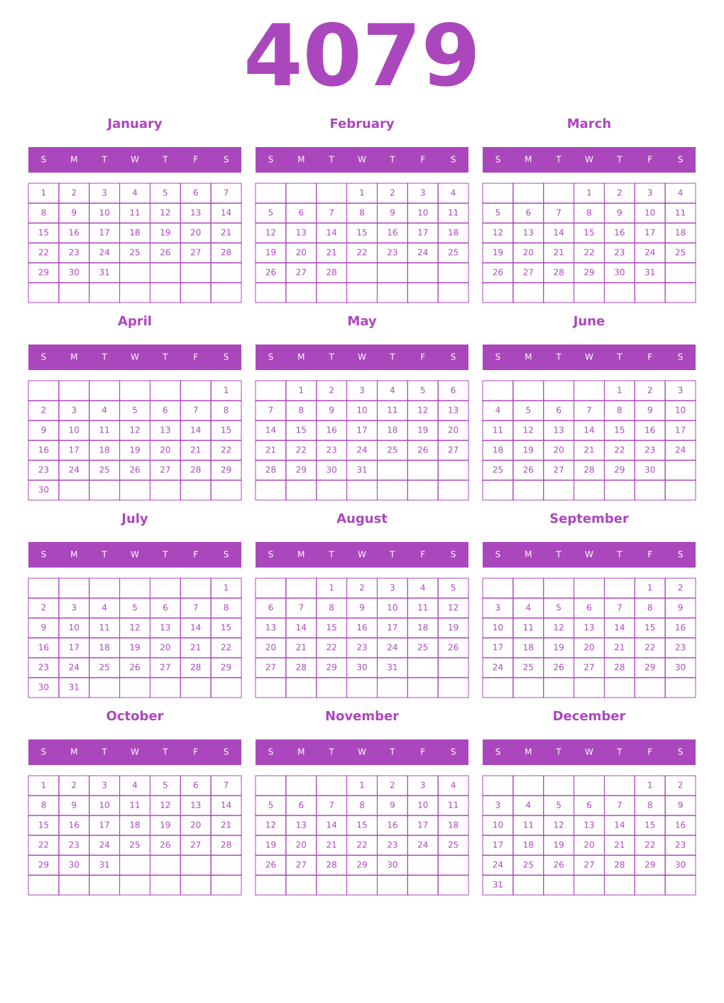 Printable 4079 Year Calendars purple