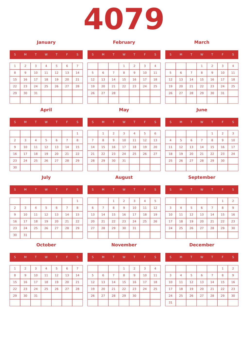 Printable 4079 Year Calendars red
