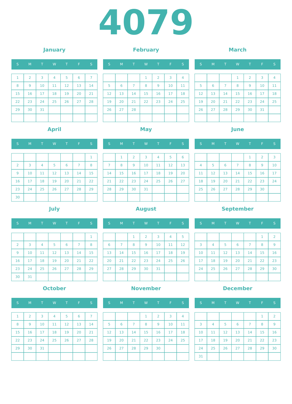Printable 4079 Year Calendars verdigris