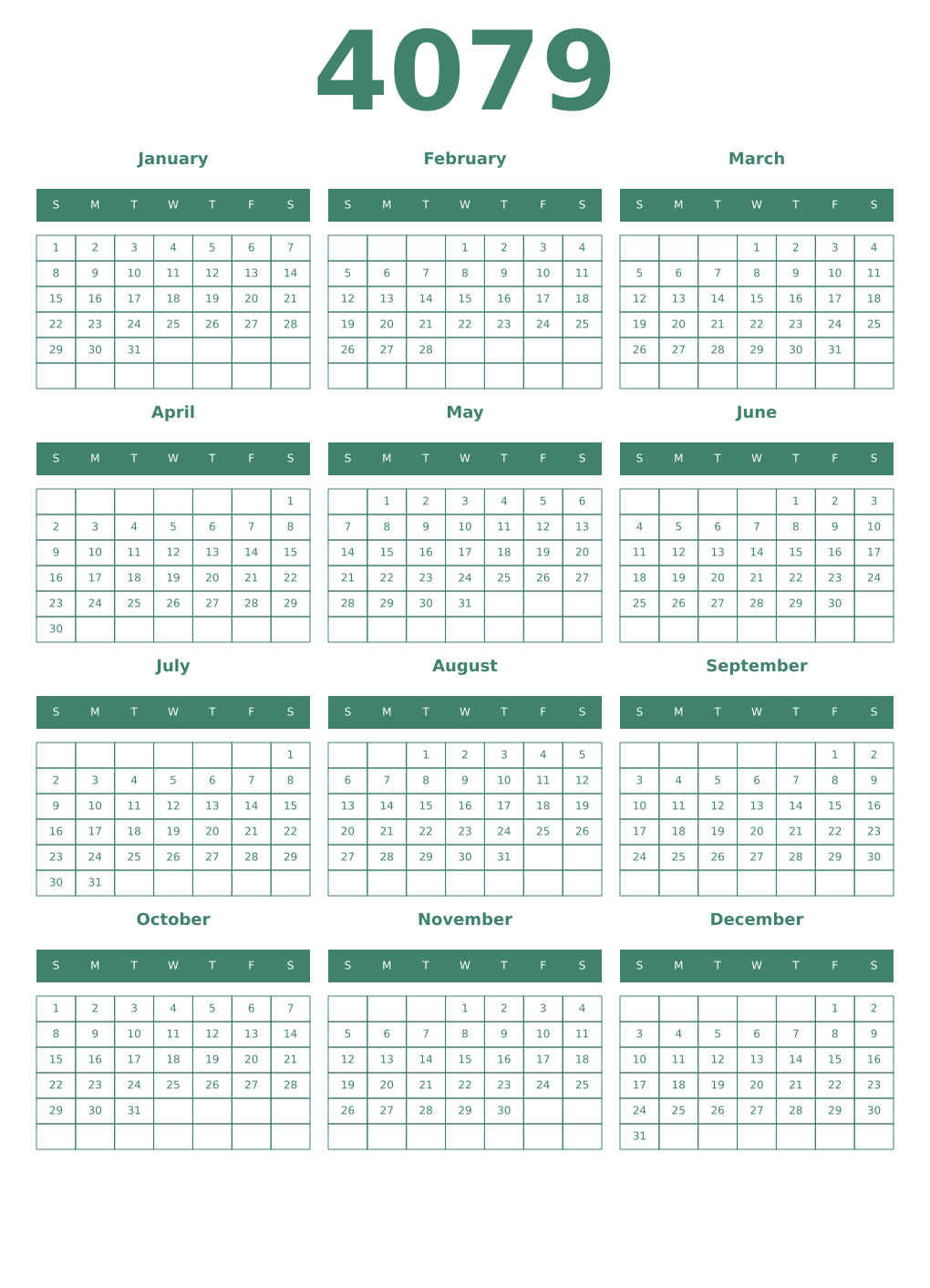 Printable 4079 Year Calendars viridian