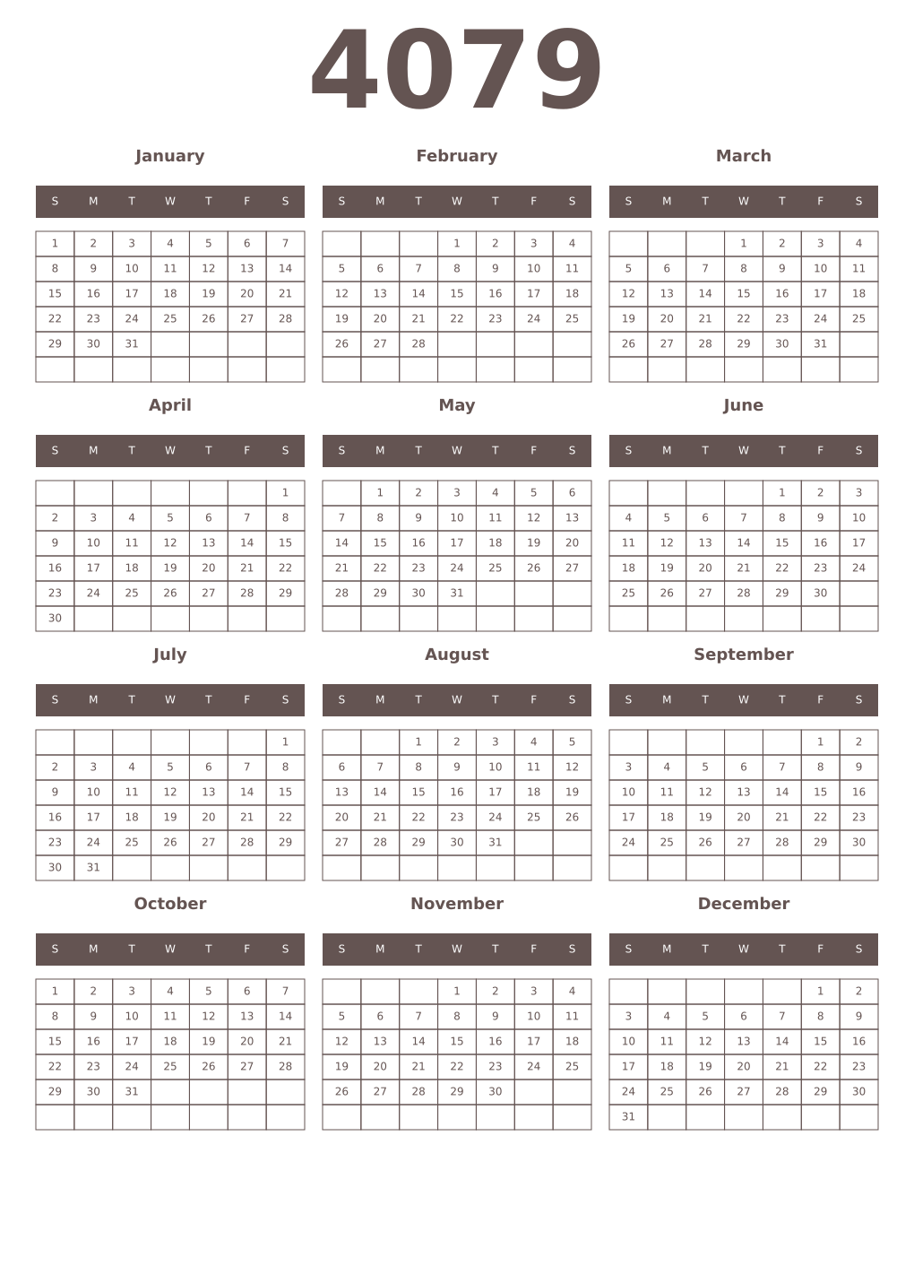 Printable 4079 Year Calendars wenge