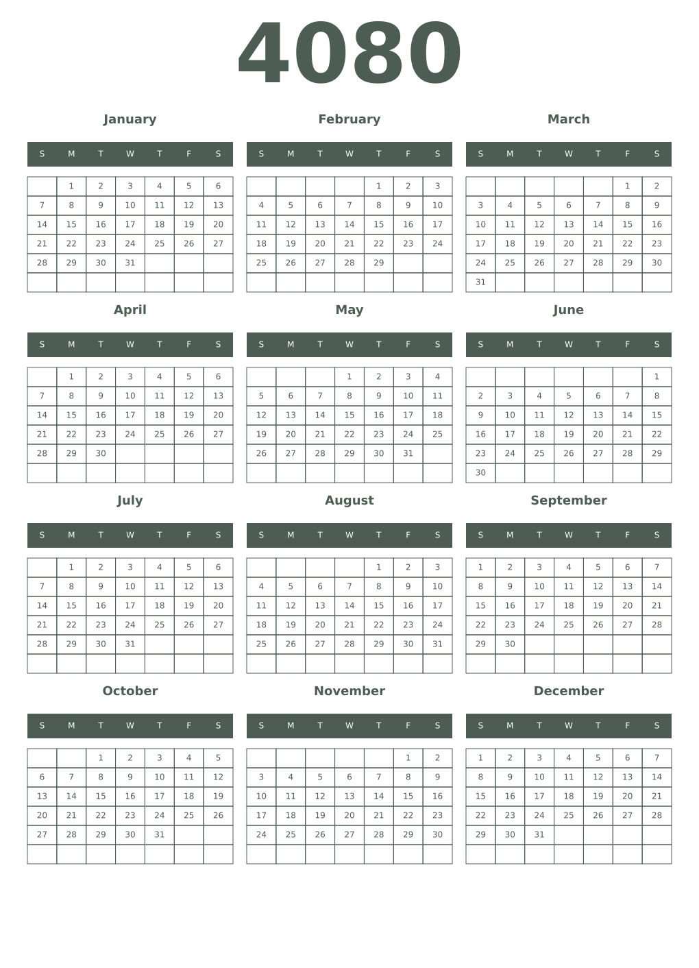 Printable 4080 Year Calendars feldgrau