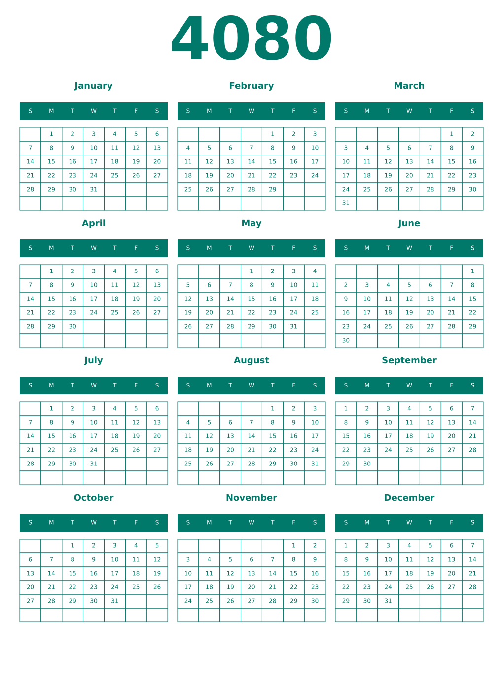 Printable 4080 Year Calendars pastel