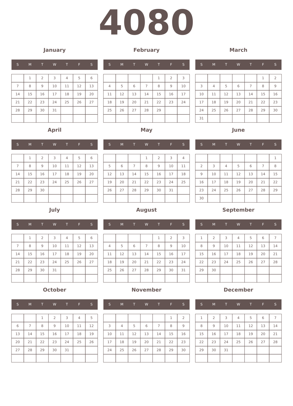 Printable 4080 Year Calendars wenge