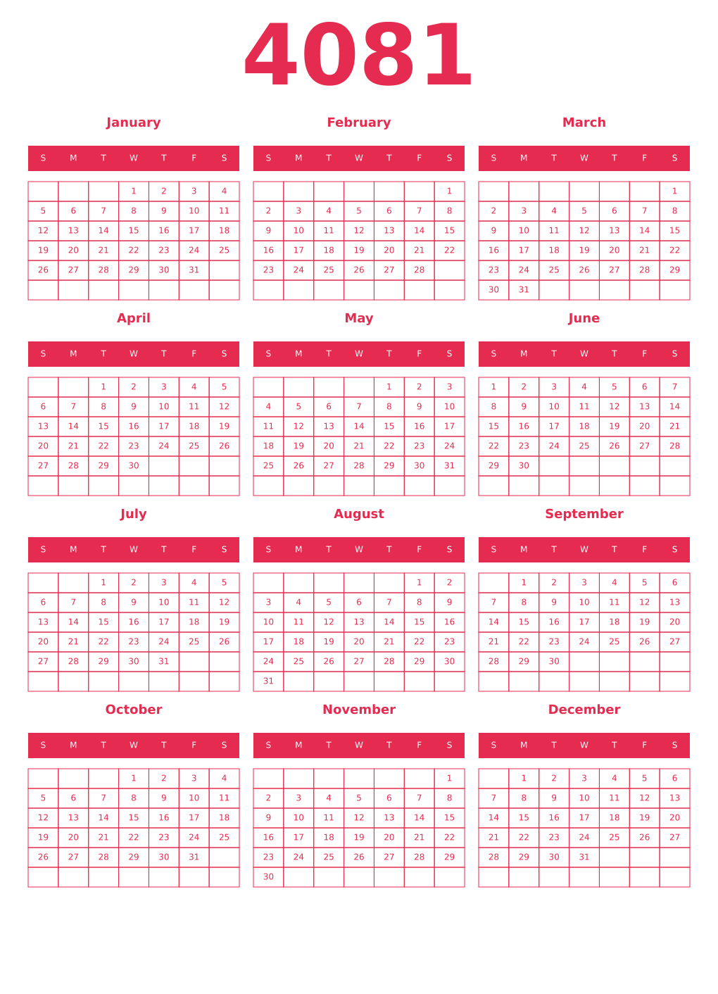 Printable 4081 Year Calendars amaranth