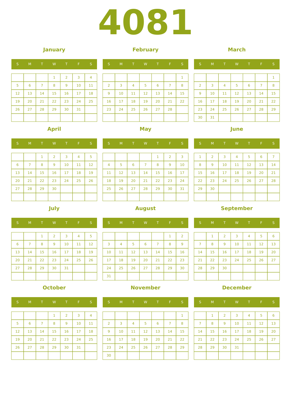 Printable 4081 Year Calendars chartreuse
