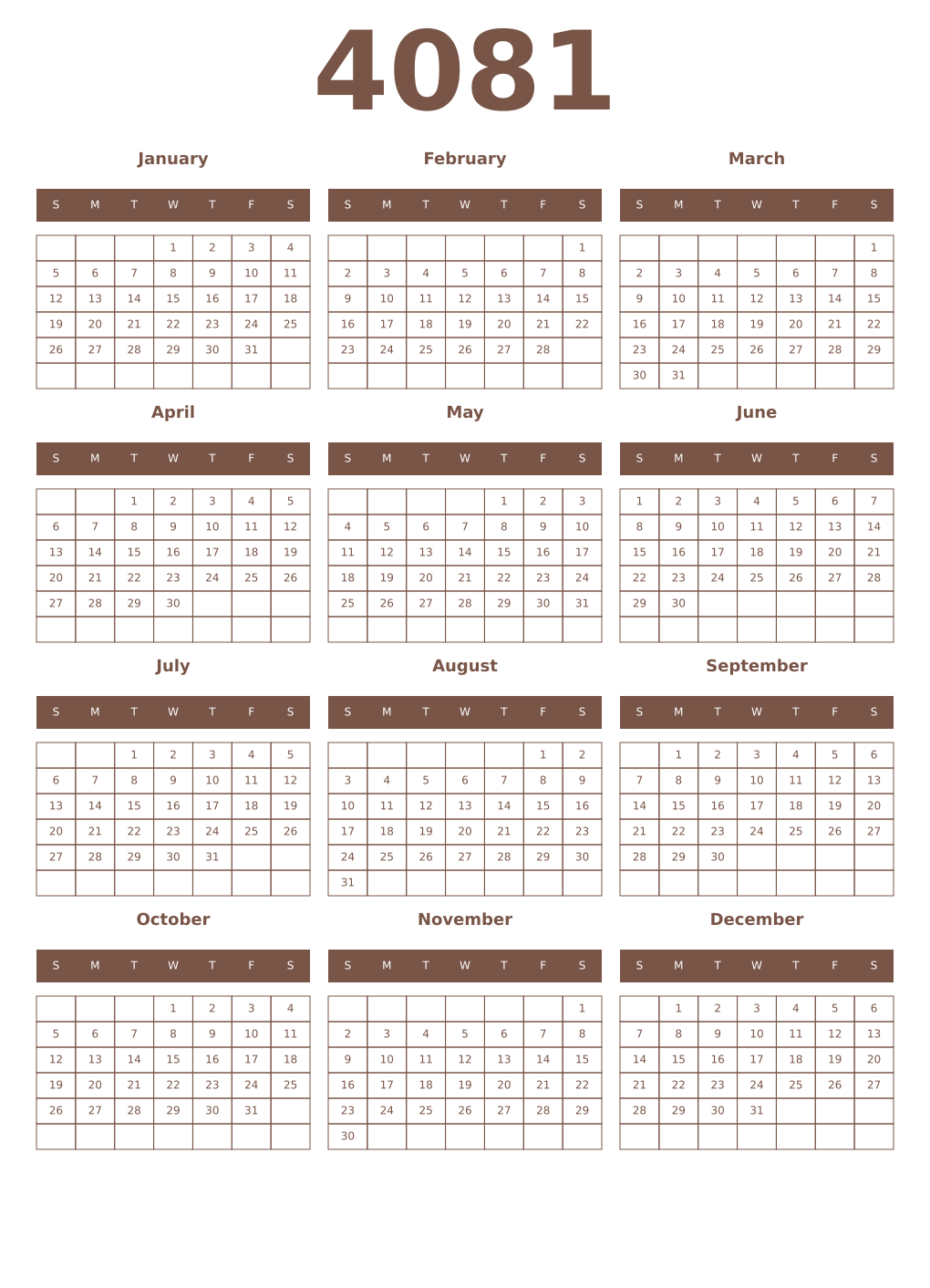 Printable 4081 Year Calendars coffe