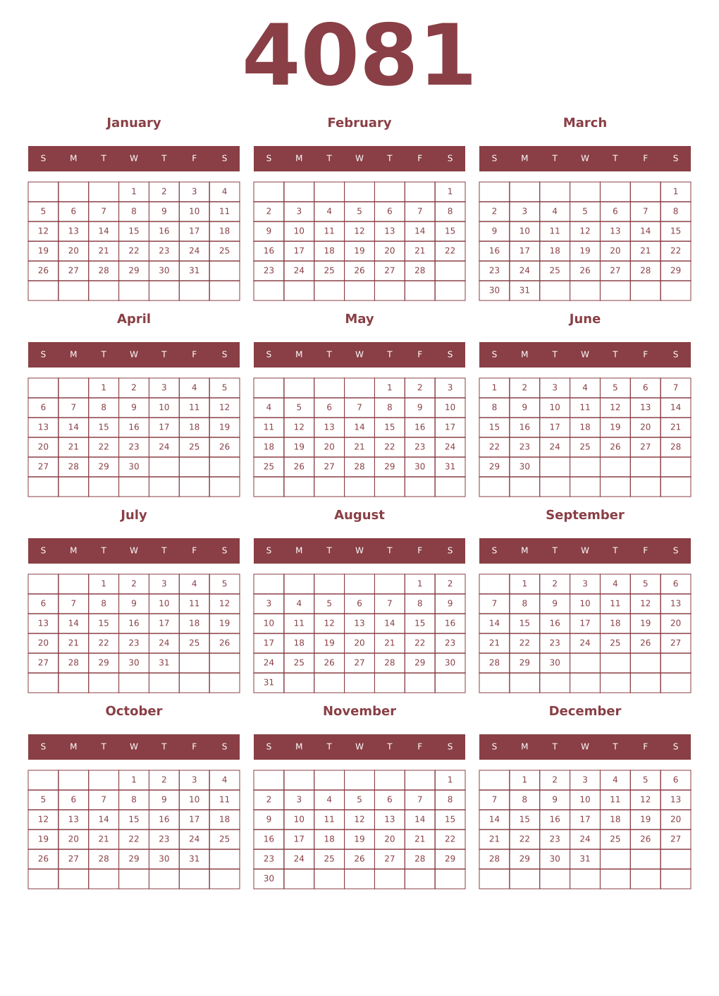 Printable 4081 Year Calendars cordovan