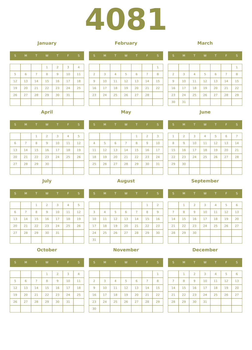 Printable 4081 Year Calendars eburnean