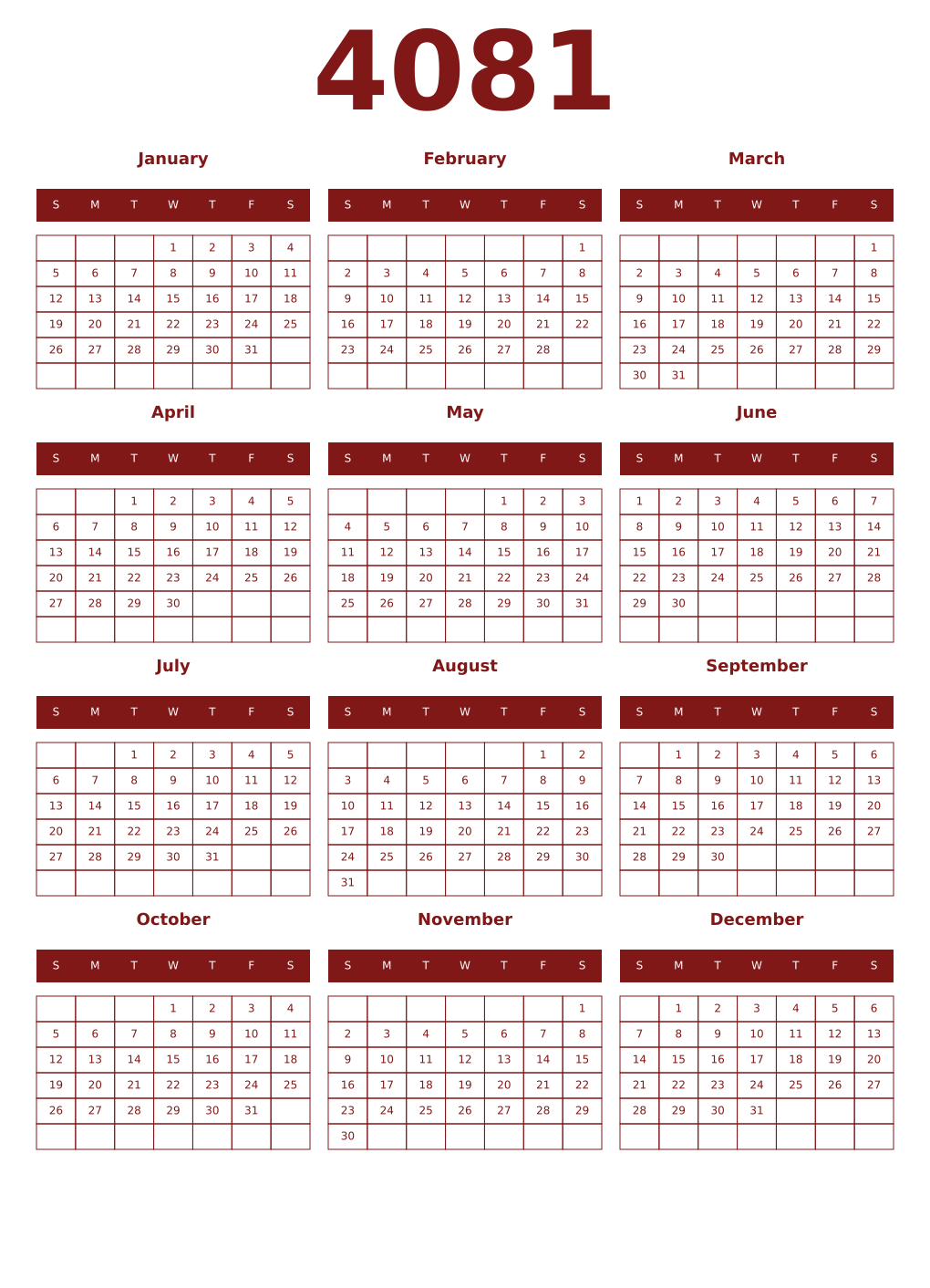 Printable 4081 Year Calendars falu
