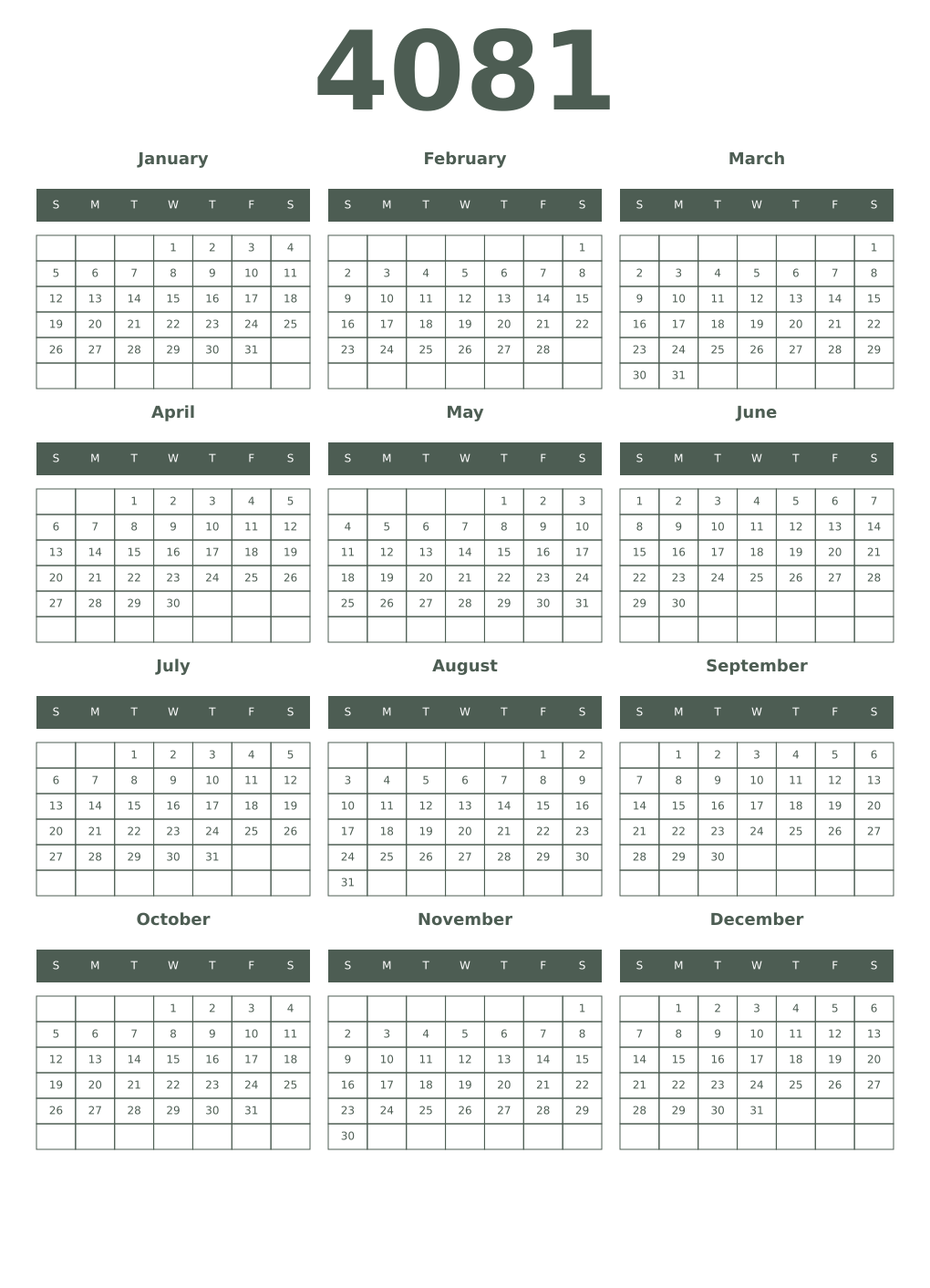 Printable 4081 Year Calendars feldgrau
