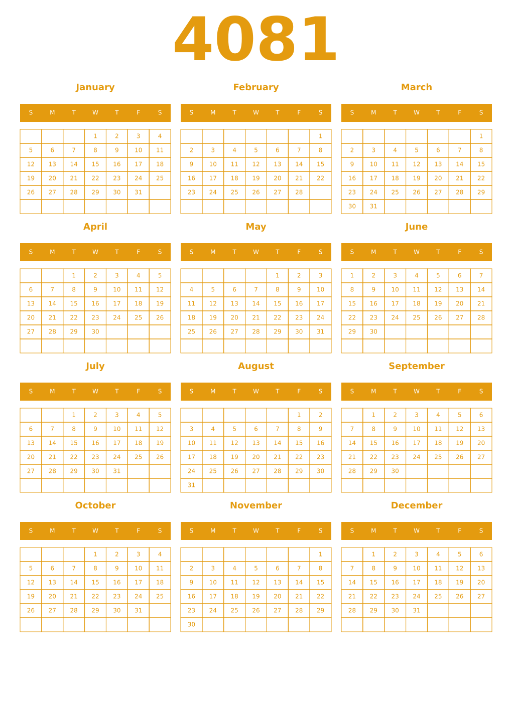 Printable 4081 Year Calendars gamboge
