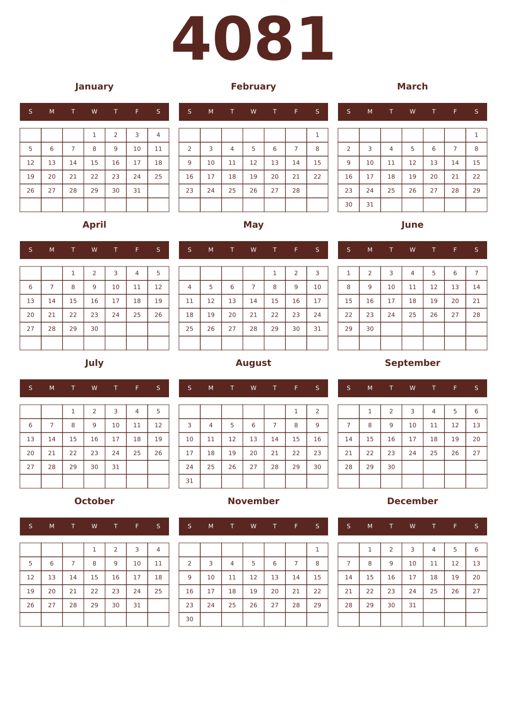 Printable 4081 Year Calendars mortuum