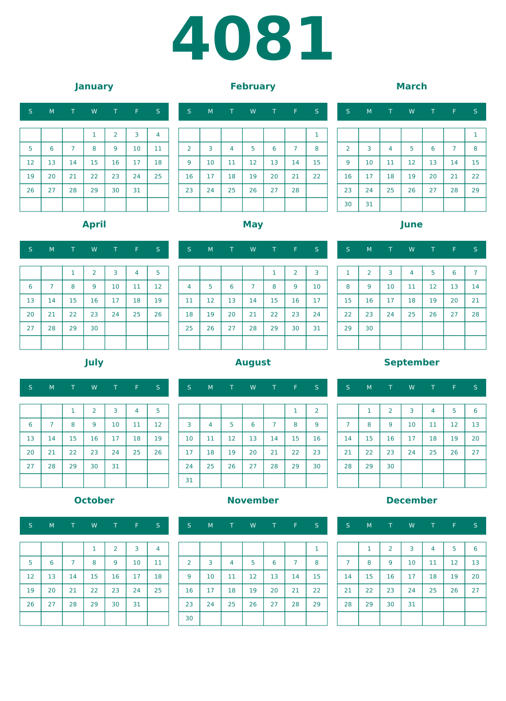 Printable 4081 Year Calendars pastel