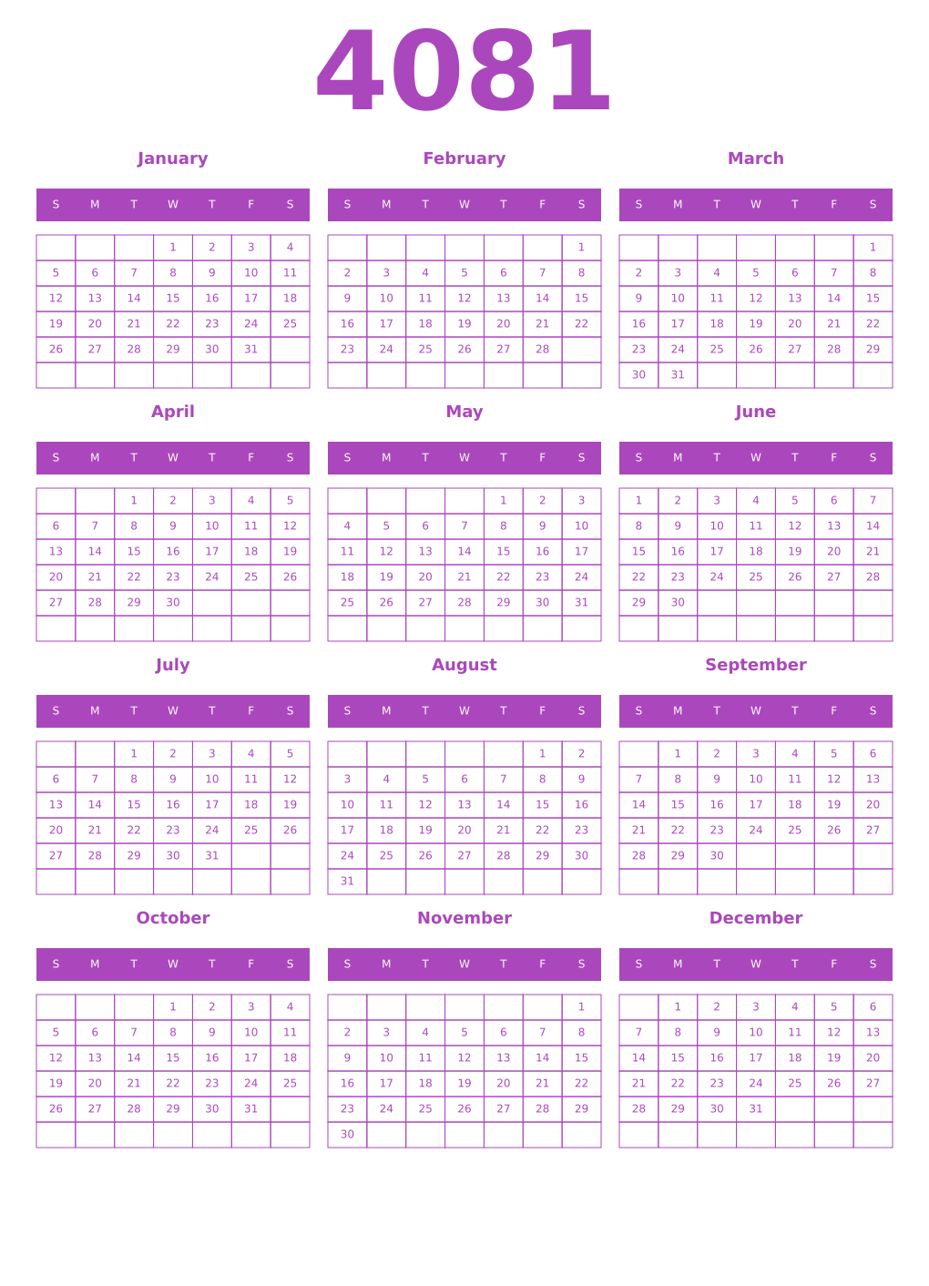 Printable 4081 Year Calendars purple