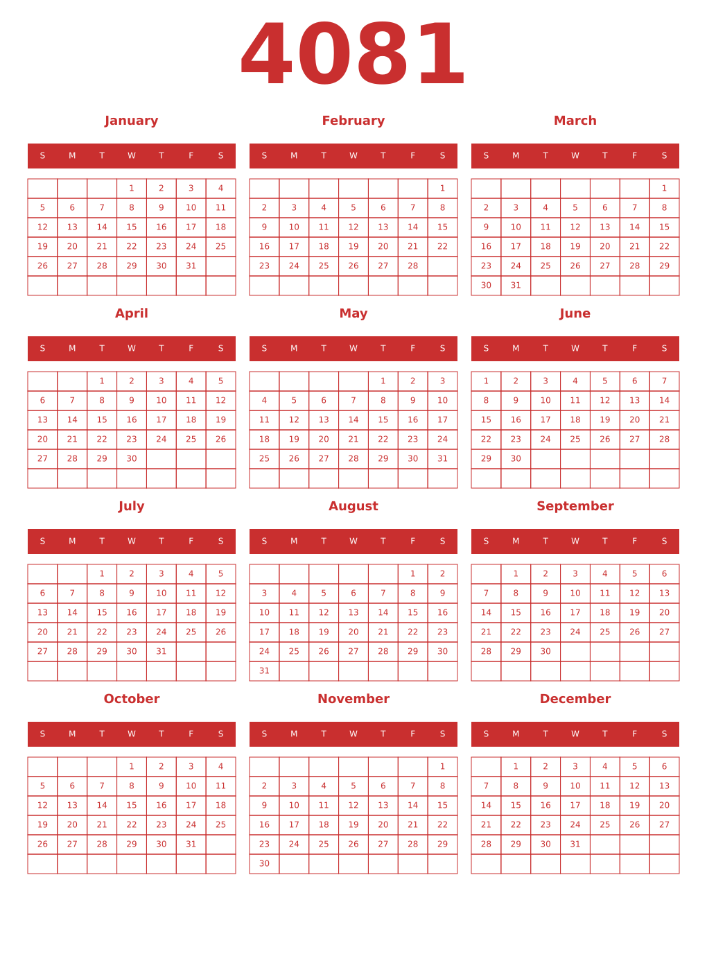 Printable 4081 Year Calendars red