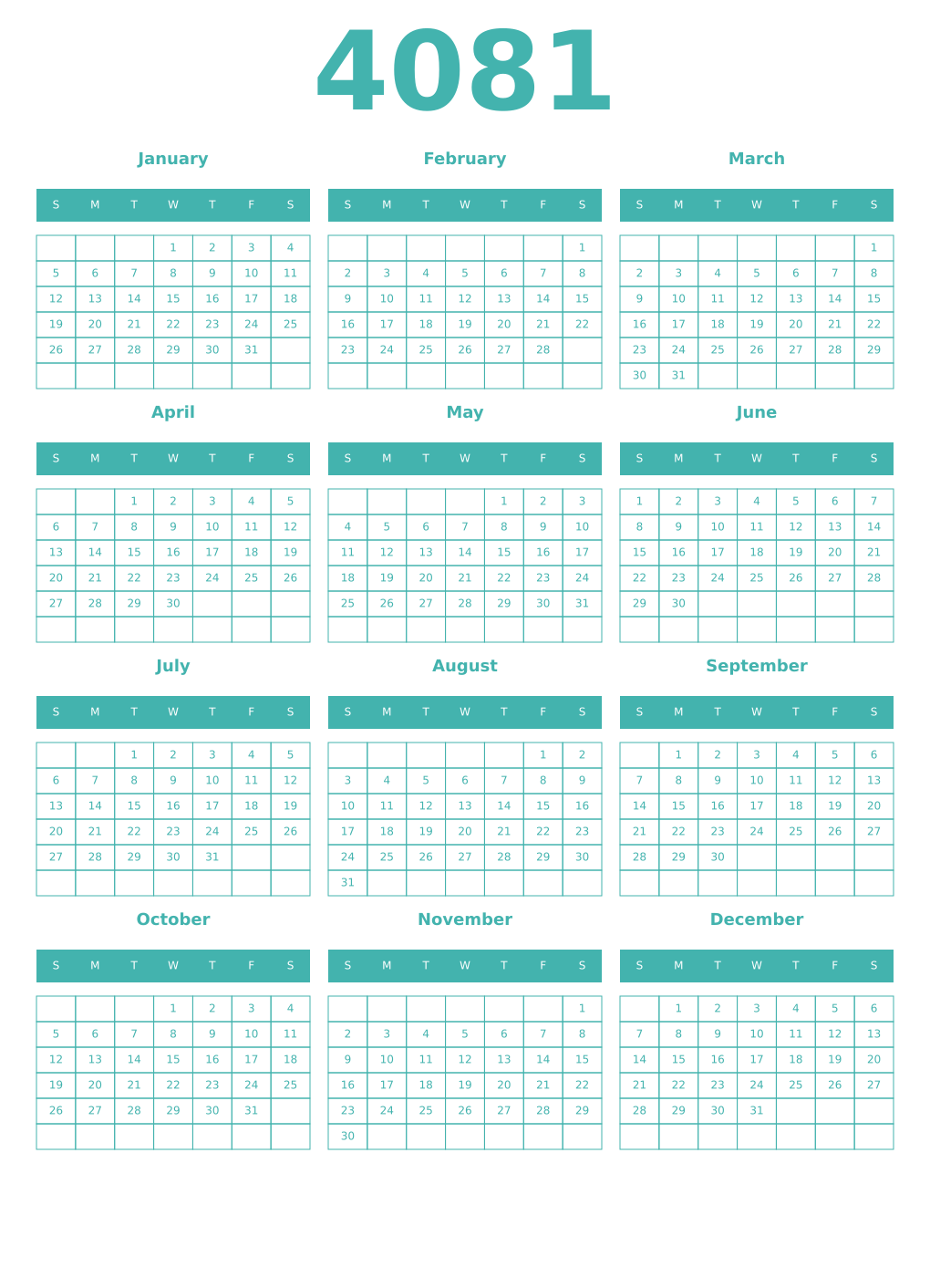 Printable 4081 Year Calendars verdigris