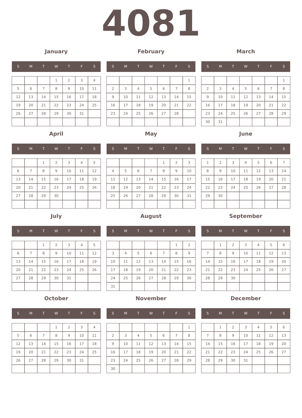Printable 4081 Year Calendars wenge