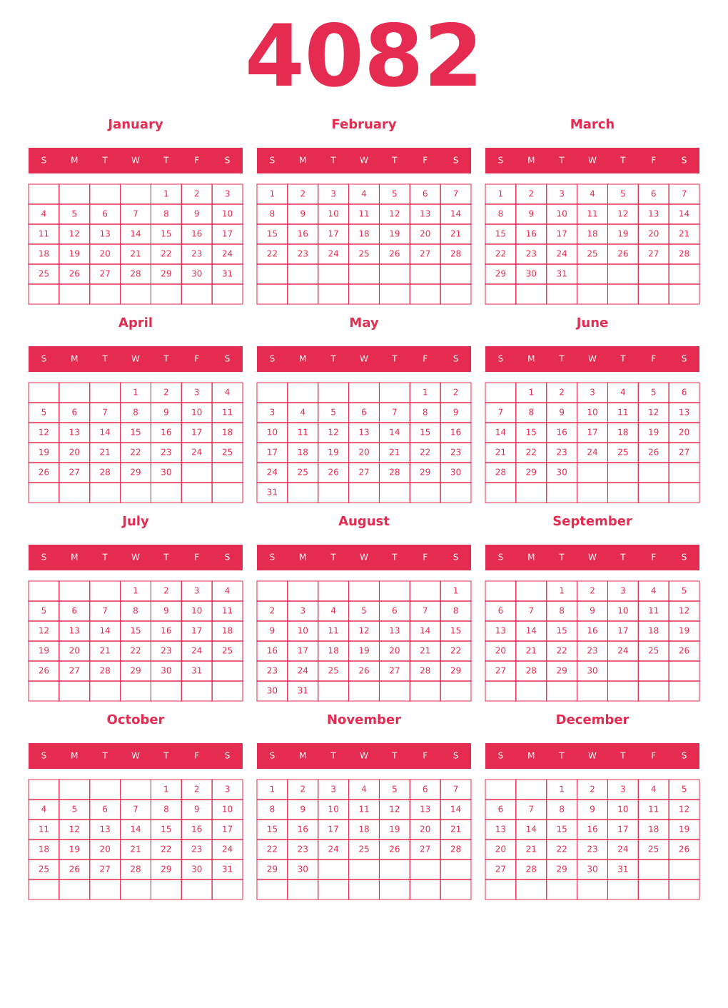 Printable 4082 Year Calendars amaranth