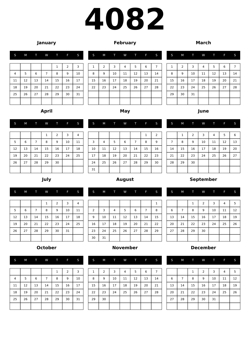 Printable 4082 Year Calendars black