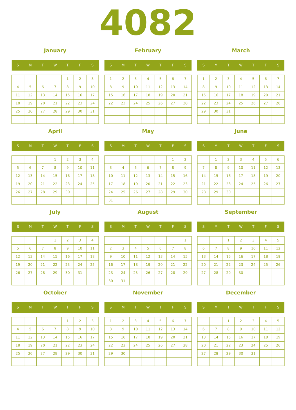 Printable 4082 Year Calendars chartreuse