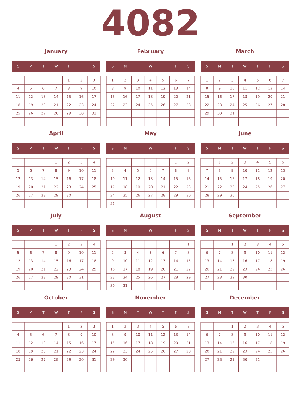 Printable 4082 Year Calendars cordovan
