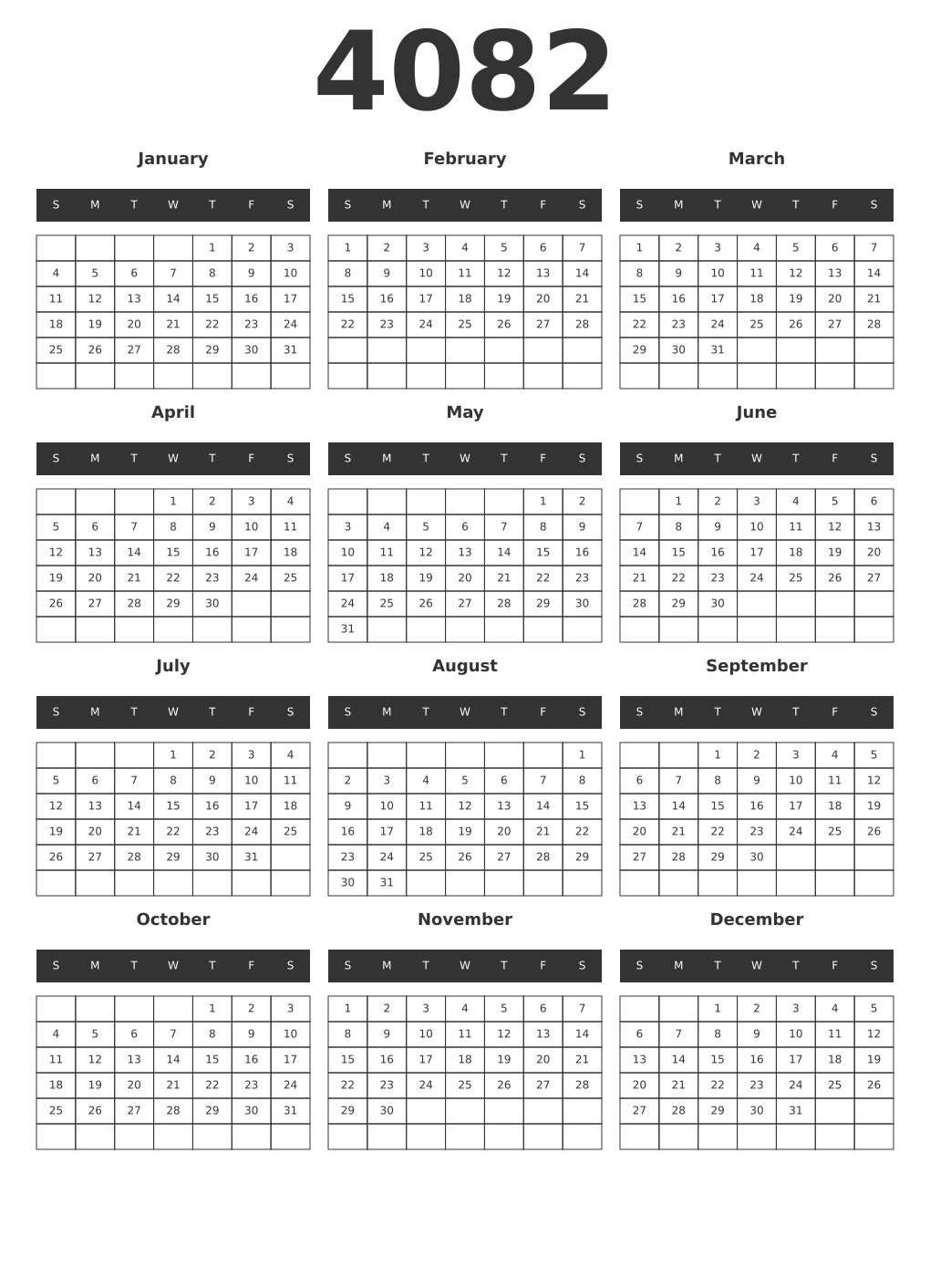 Printable 4082 Year Calendars dark