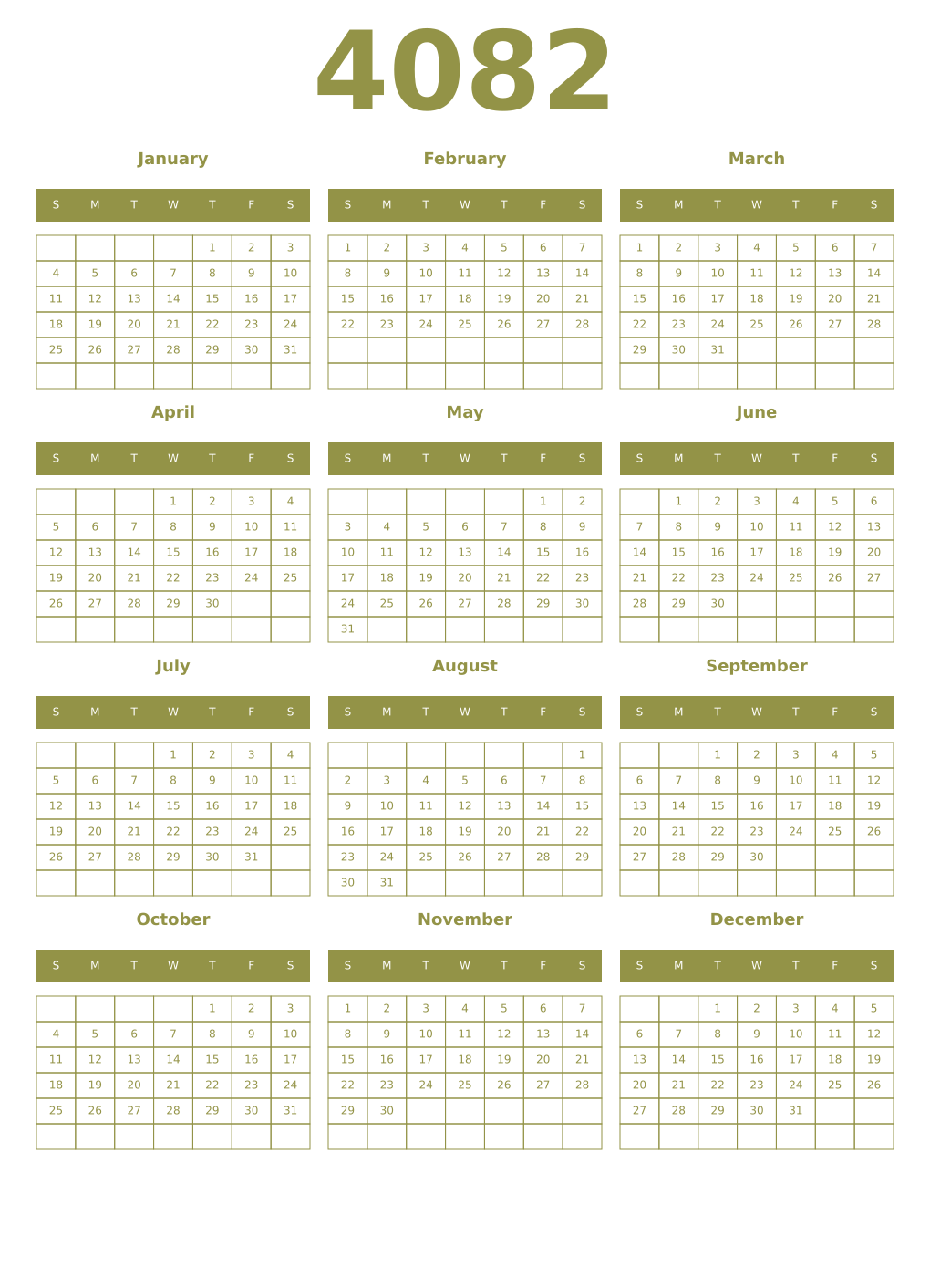 Printable 4082 Year Calendars eburnean