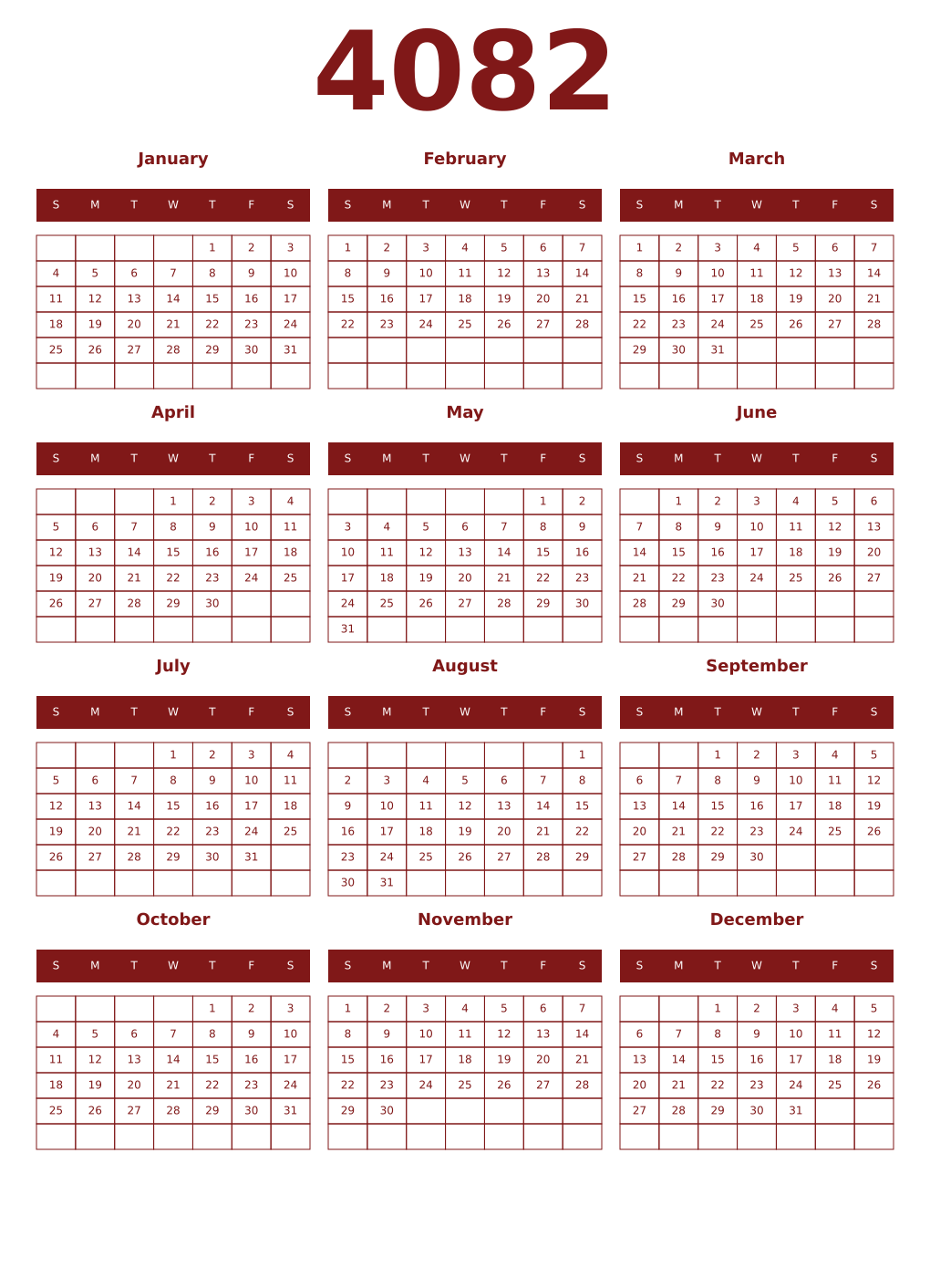 Printable 4082 Year Calendars falu