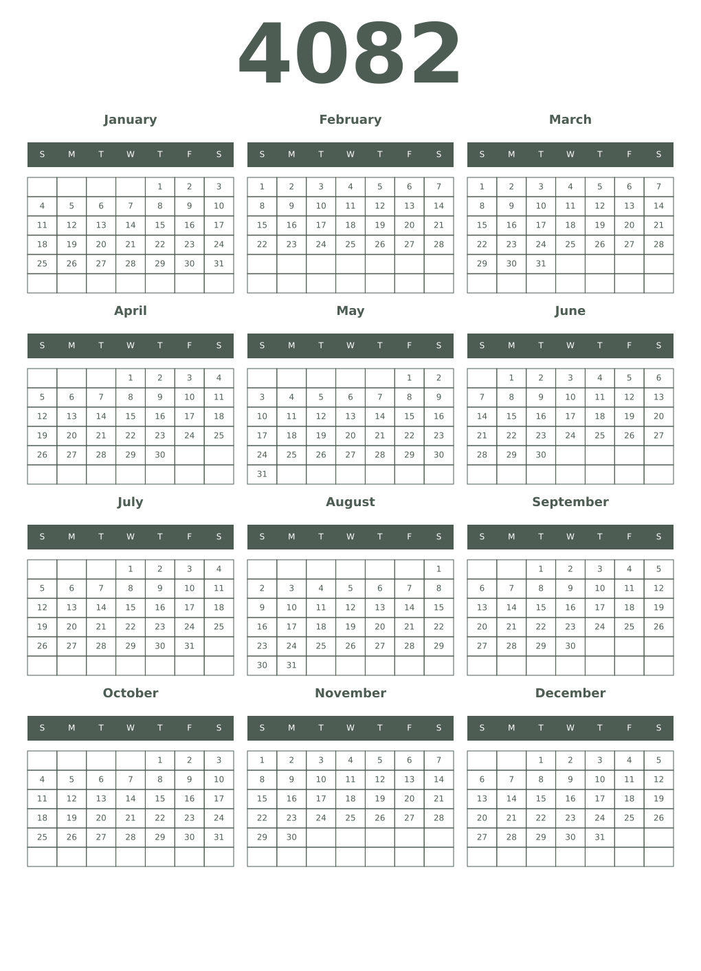 Printable 4082 Year Calendars feldgrau