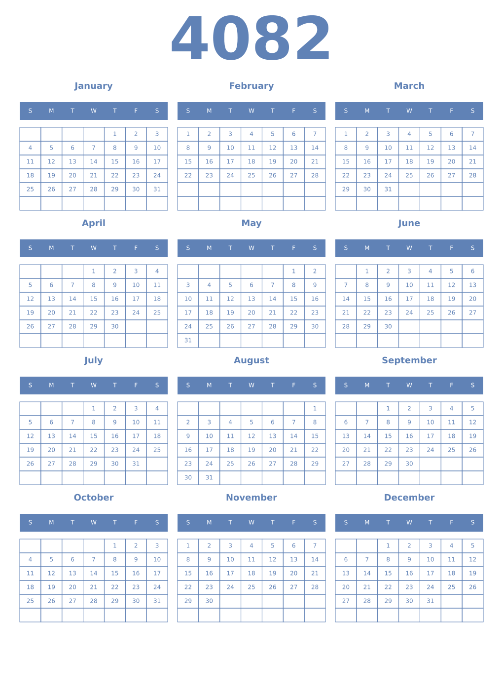 Printable 4082 Year Calendars glaucous