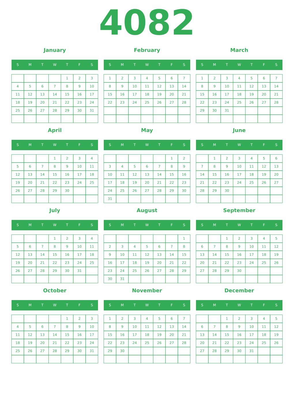 Printable 4082 Year Calendars green