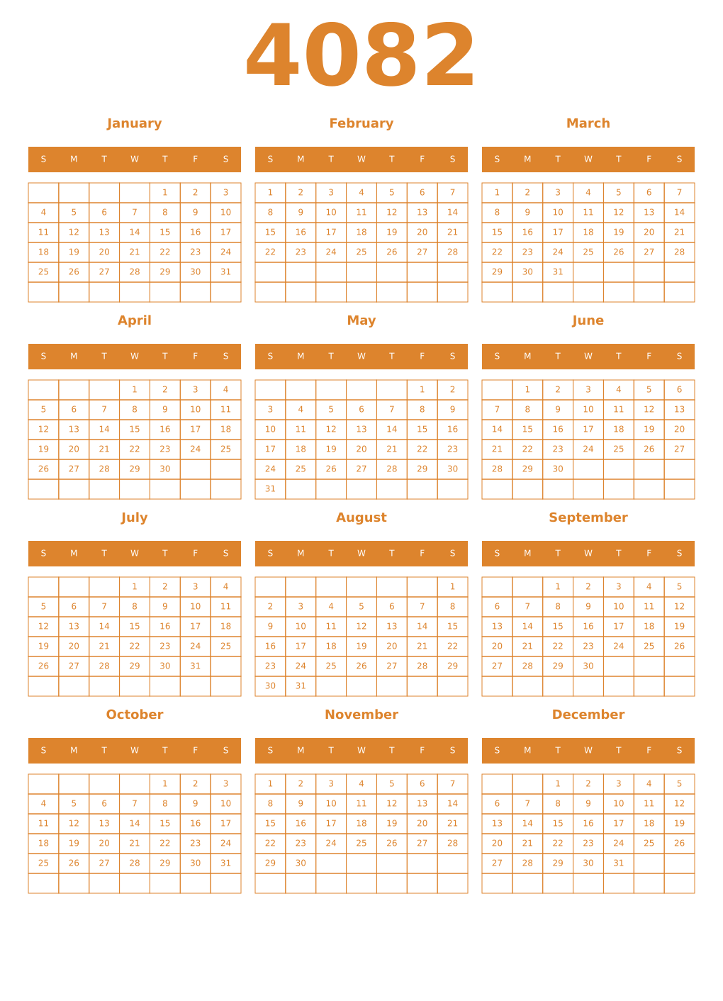 Printable 4082 Year Calendars orange