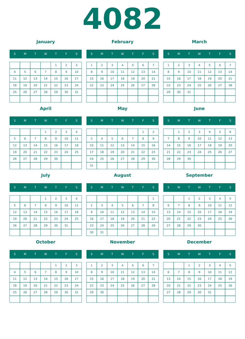 Printable 4082 Year Calendars pastel