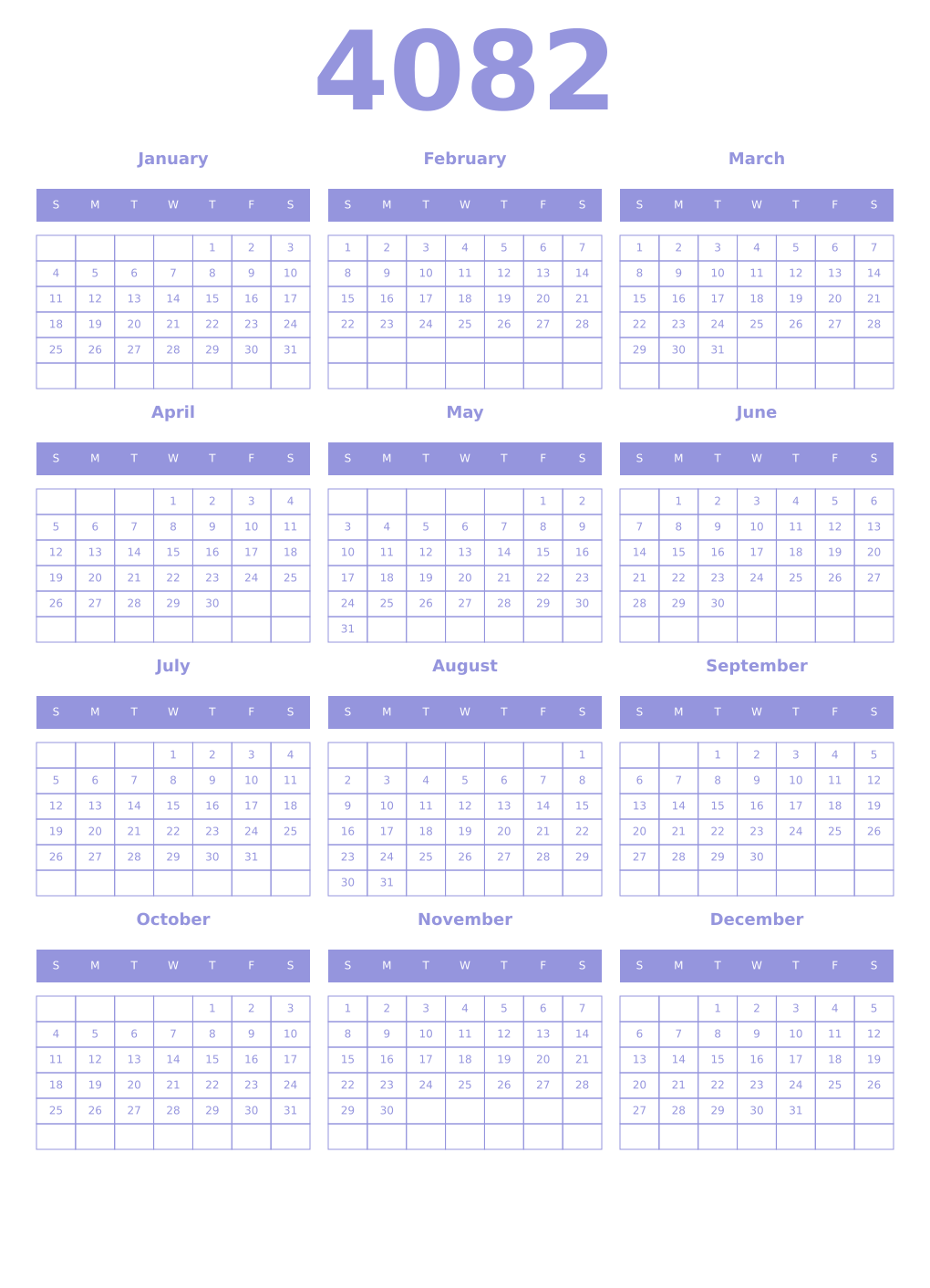 Printable 4082 Year Calendars periwinkle