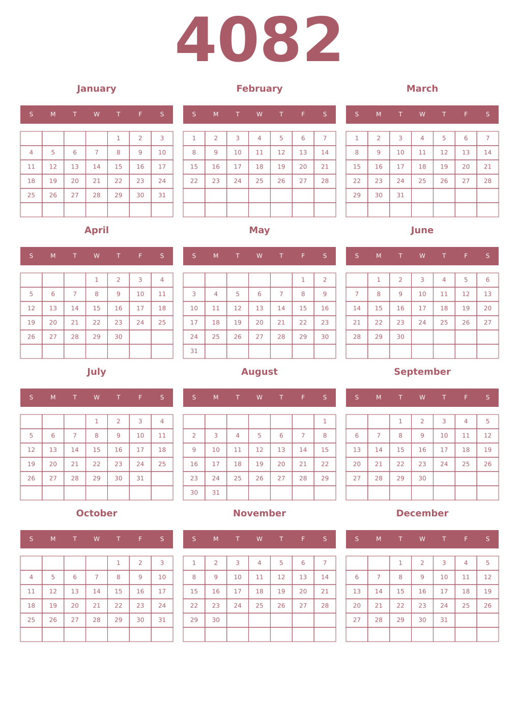 Printable 4082 Year Calendars puce