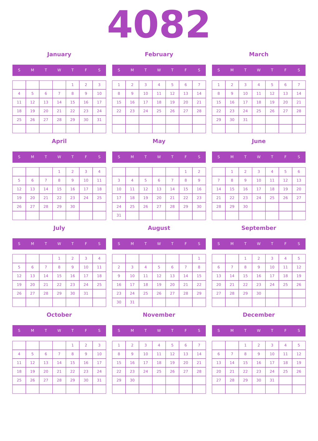 Printable 4082 Year Calendars purple