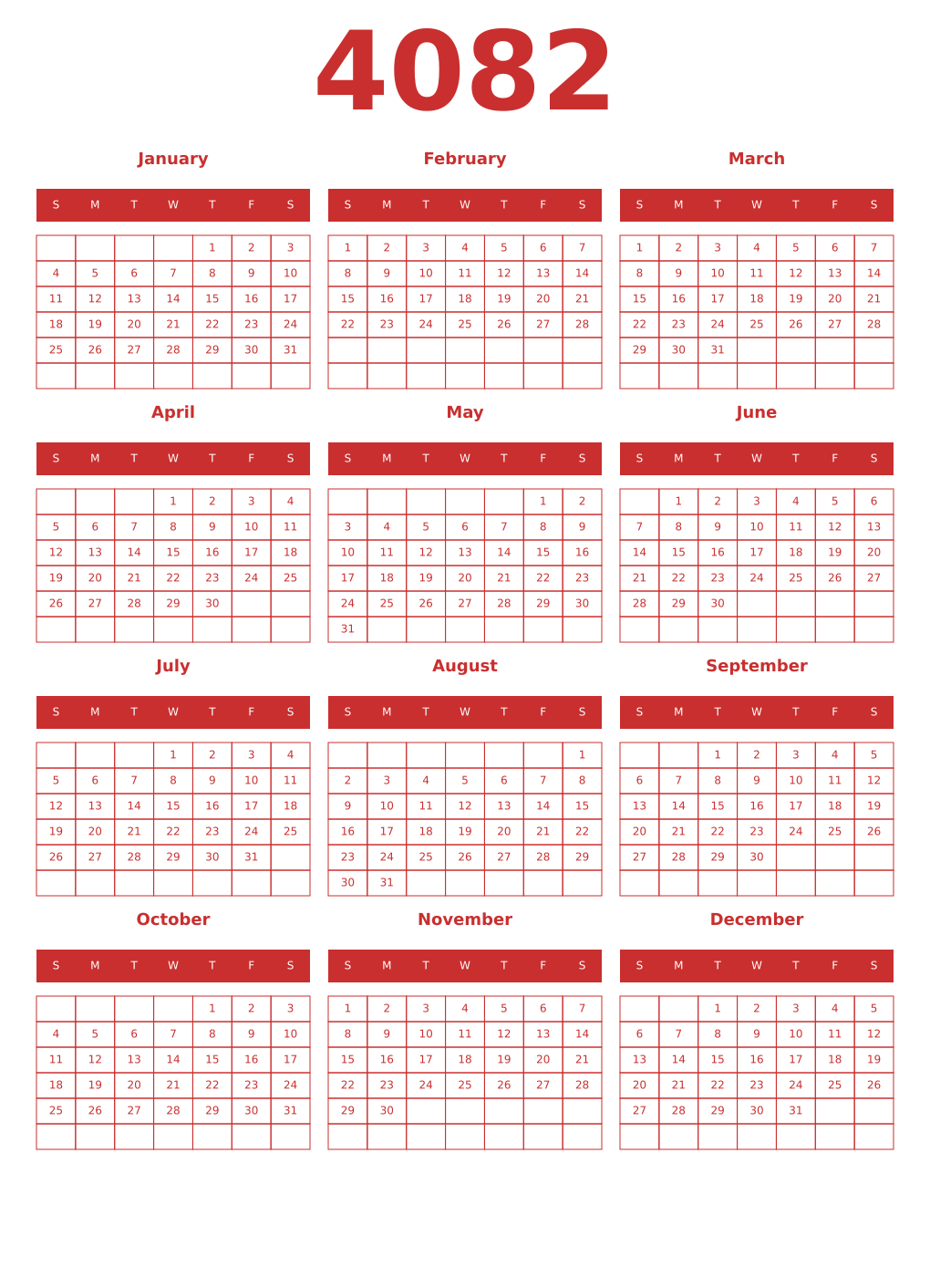 Printable 4082 Year Calendars red