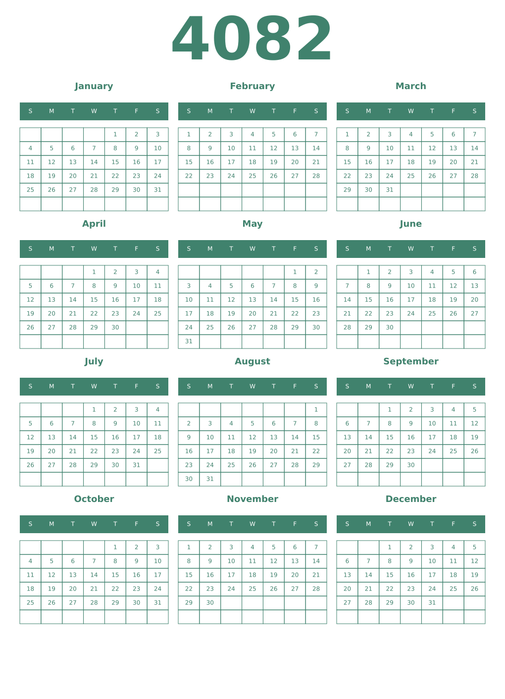 Printable 4082 Year Calendars viridian